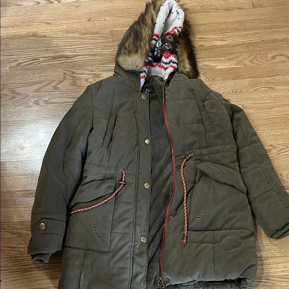 Olive Green Fur-Trim Hooded Parka